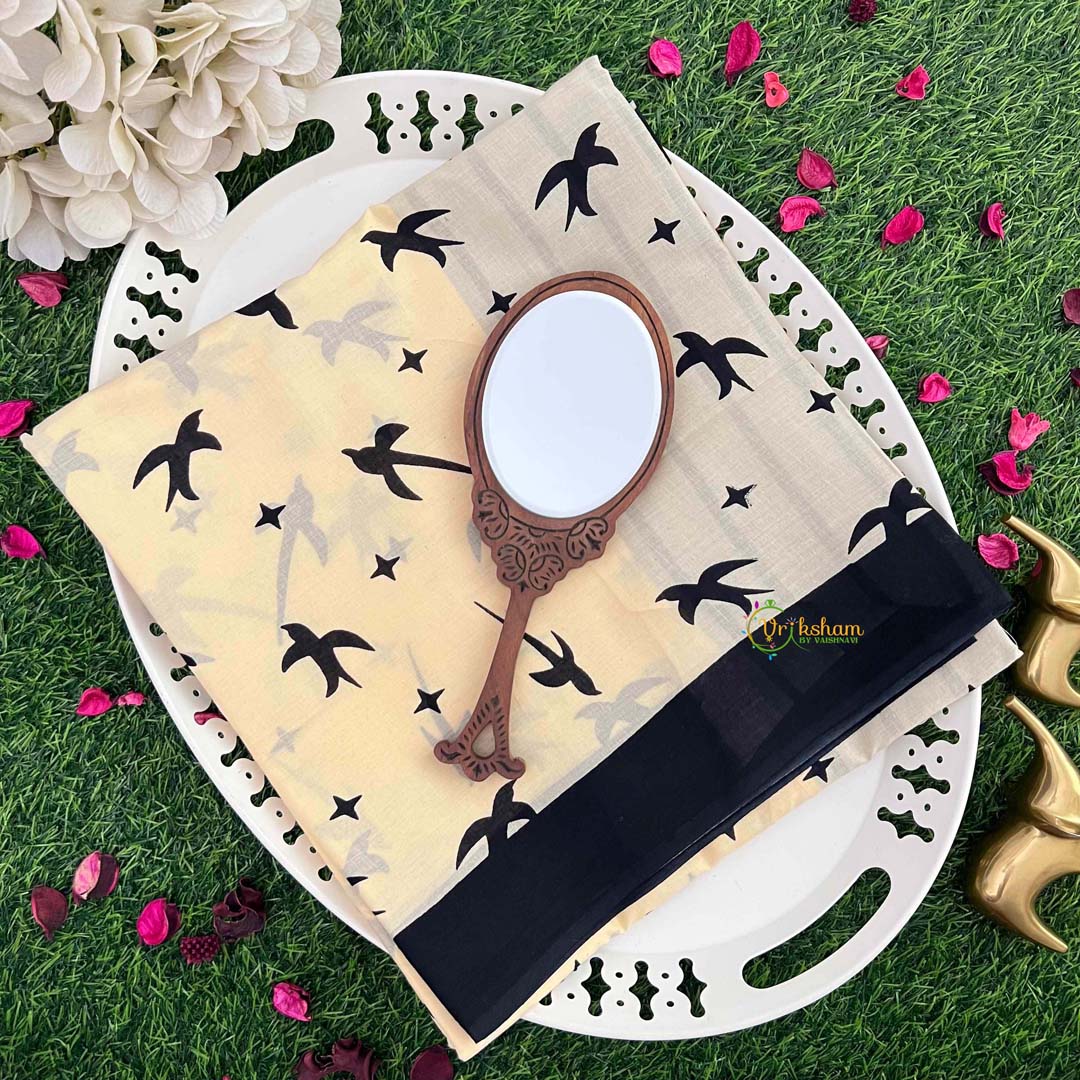 Vriksham Vintage-Style Swallow & Star Print Fabric Cotton Mulmul Saree-VS5053