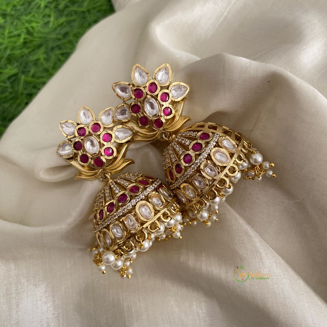 Fancy AD Stone Designer Jhumkas-Red White-G12026