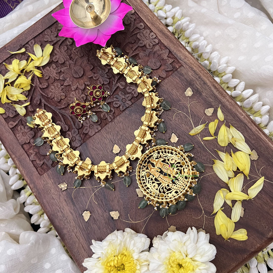 Vriksham Radha Krishna Pendant Kundan Jadau Floral Short Neckpiece-Pastel Green Beads-J3697