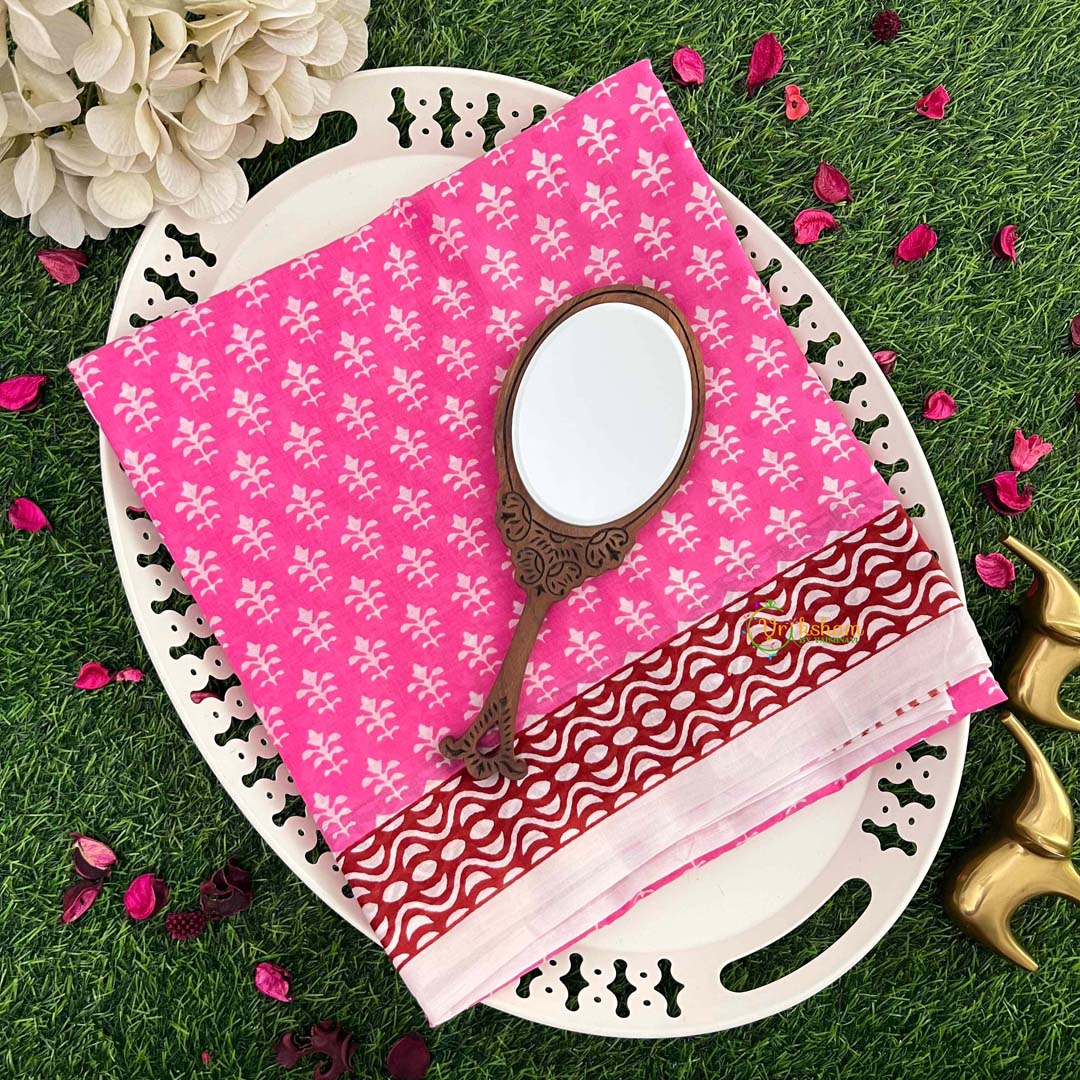 Vriksham Baby Pink Leaf Print Cotton Mulmul Saree-VS5052