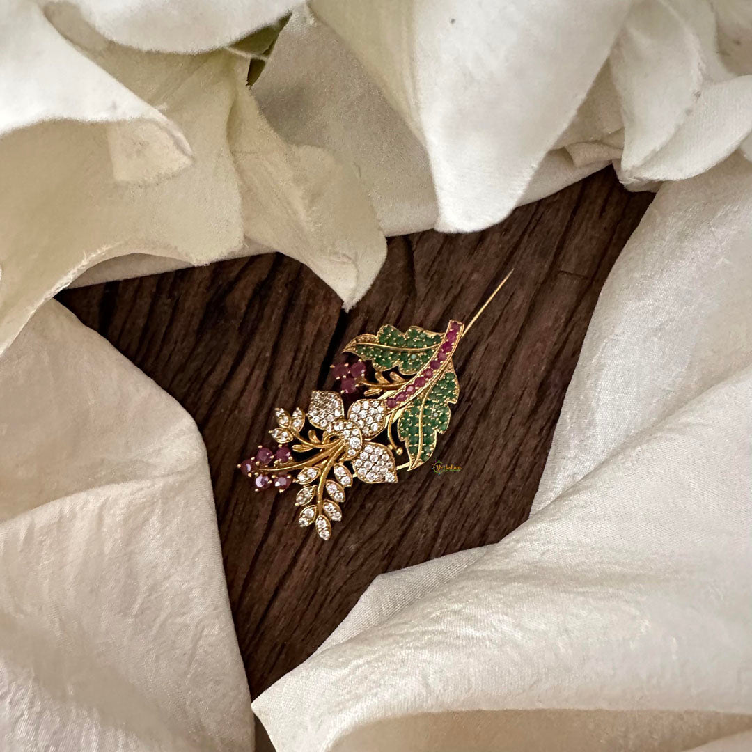 Designer Flower with Leaf Brooch CZ Stone Pin-G12803