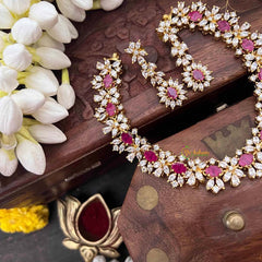 Vriksham Designer Ruby Red & White CZ Stone Halo With Teardrop Pendant Short Neckpiece-G21523