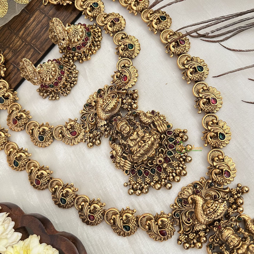 Vriksham Designer Lakshmi kasu Mala Bridal Set-Green Red-Gold Pearl-G19183