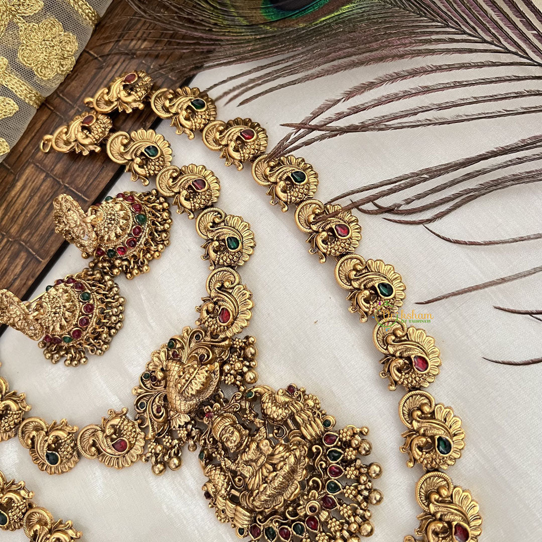Vriksham Designer Lakshmi kasu Mala Bridal Set-Green Red-Gold Pearl-G19183