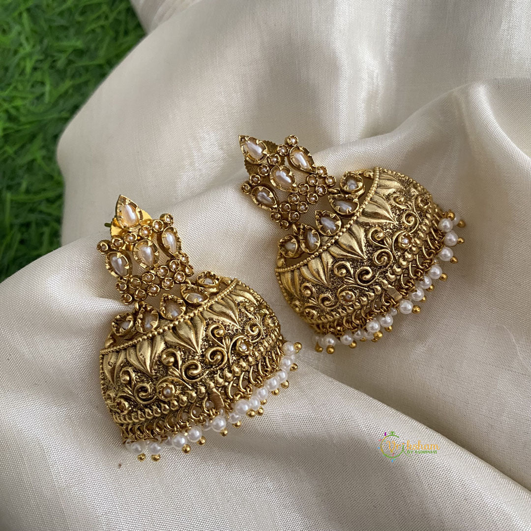 Fancy Gold Look Alike AD Stone Jhumkas-White-G12037