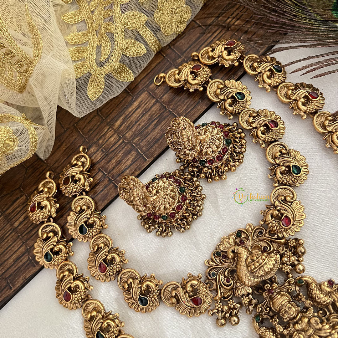 Vriksham Designer Lakshmi kasu Mala Bridal Set-Green Red-Gold Pearl-G19183