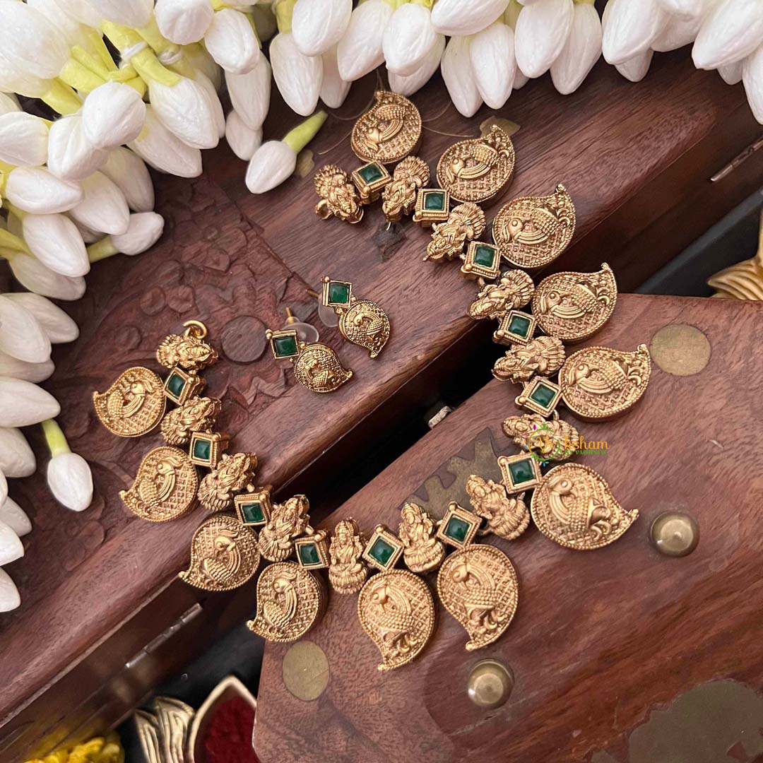 Vriksham Classic Manga & Lakshmi Style With Red Thread Short Neckpiece-Green-G21535