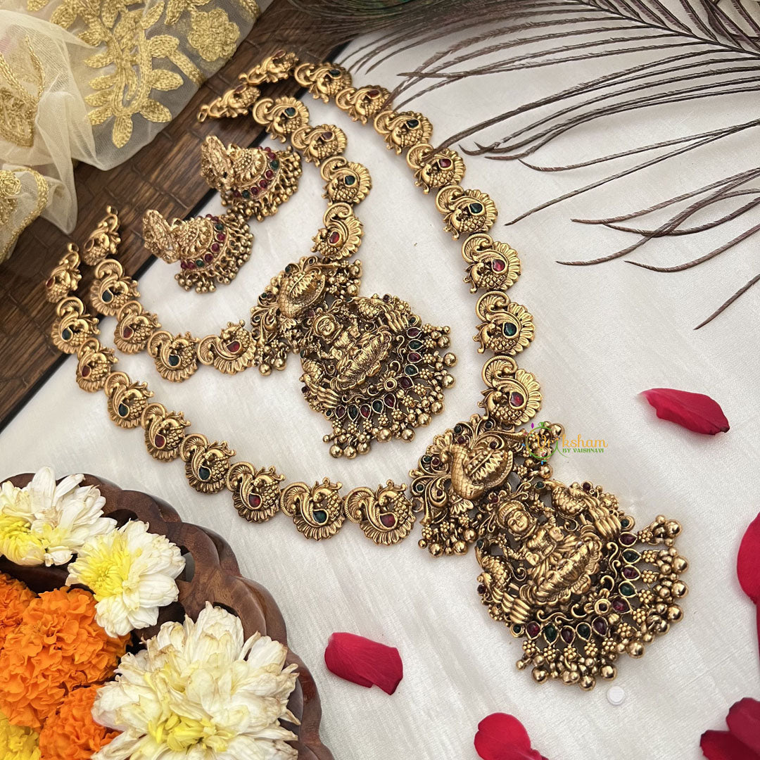 Vriksham Designer Lakshmi kasu Mala Bridal Set-Green Red-Gold Pearl-G19183