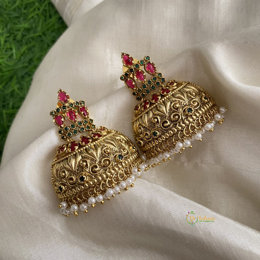 Fancy Gold Look Alike AD Stone Jhumkas-Red, Green-G12038