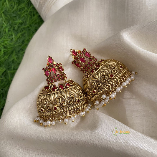 Fancy Gold Look Alike AD Stone Jhumkas-Red-G12050