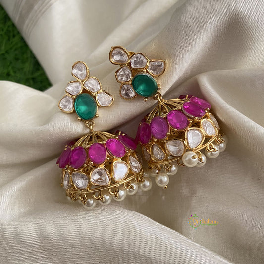 Fancy Gold Look Alike AD Stone Jhumkas- White Pearls-G112042
