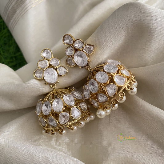 Fancy Gold Look Alike AD Stone Jhumkas- White Pearls- White - G12040