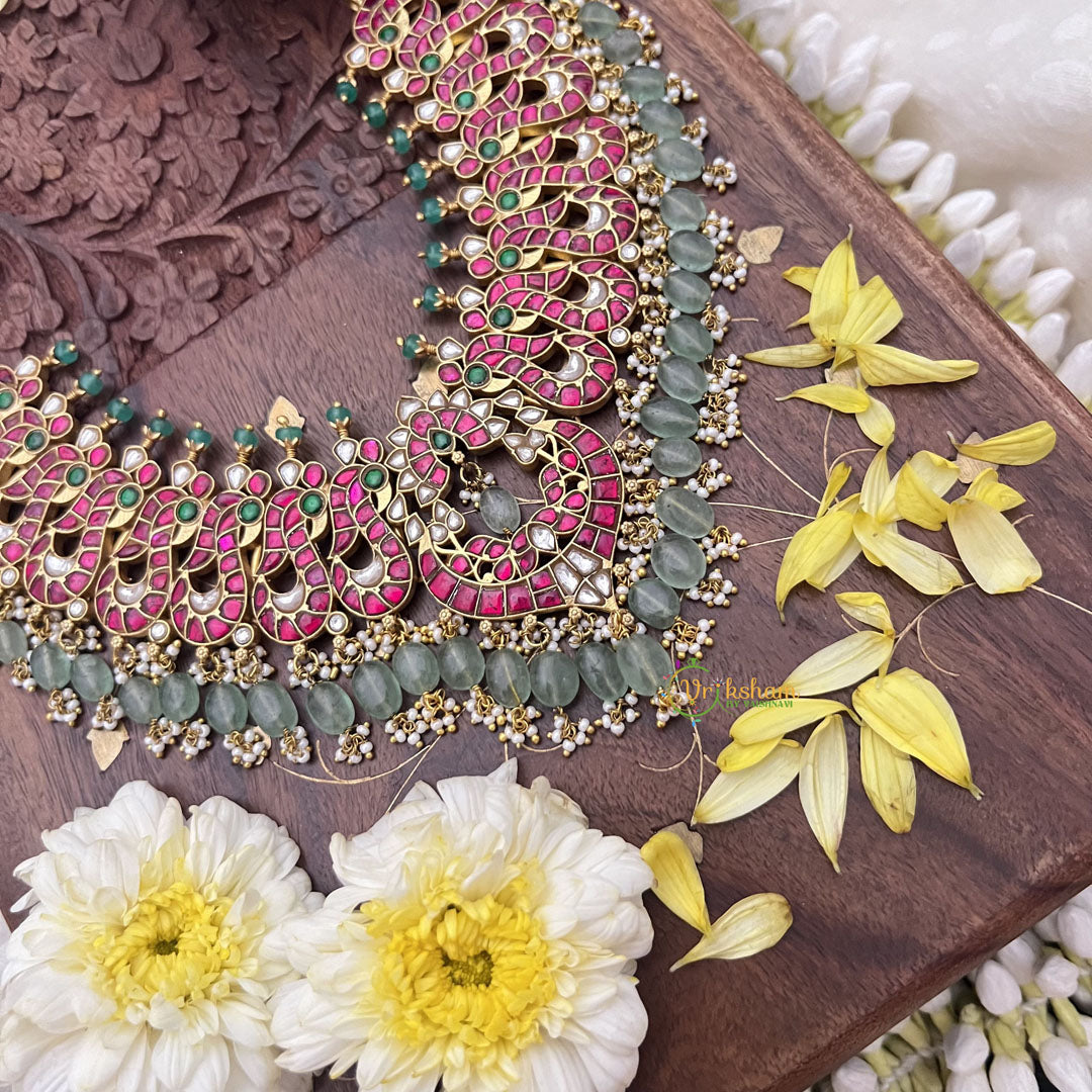 Vriksham Exclusive Kundan Jadau Short Neckpiece-Pastel Green Beads-J3702