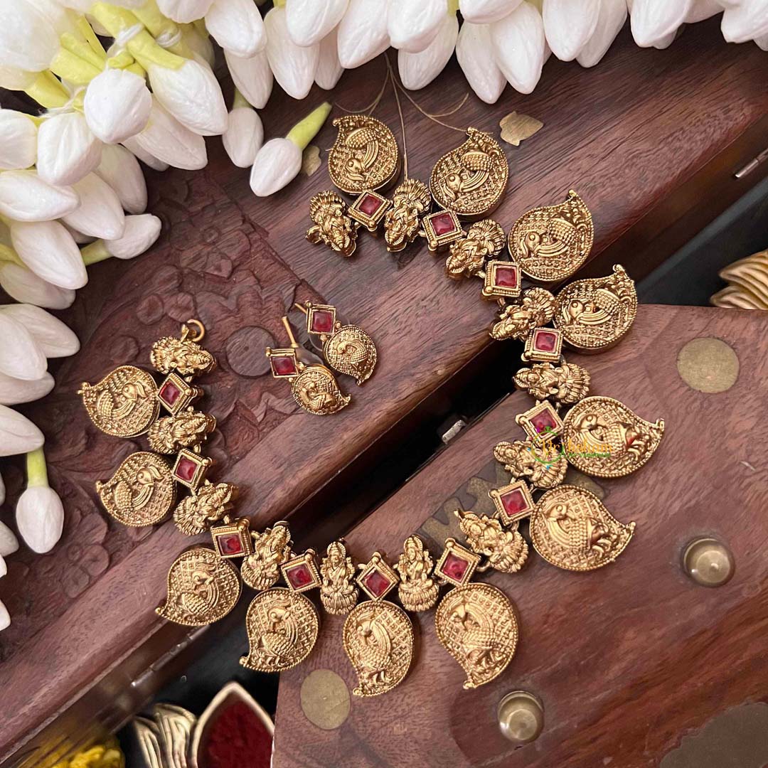 Vriksham Classic Manga & Lakshmi Style With Green Thread Short Neckpiece-Red-G21534