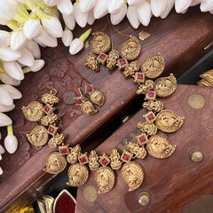 Vriksham Classic Manga & Lakshmi Style With Green Thread Short Neckpiece-Red-G21534