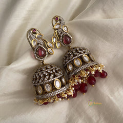 Stylish Peacock Red Victorian Diamond Jhumkas-Pearls & Beads-VV1314