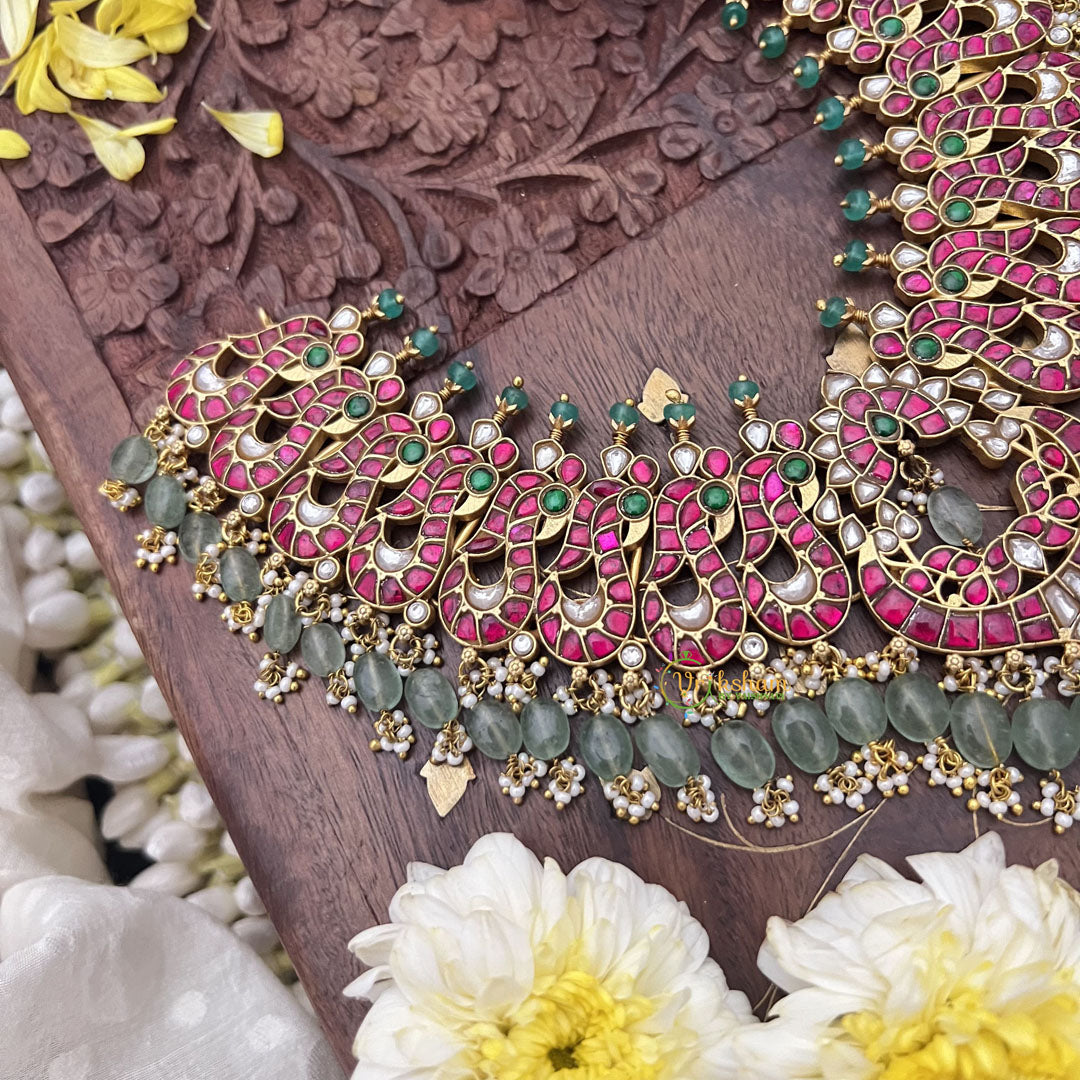 Vriksham Exclusive Kundan Jadau Short Neckpiece-Pastel Green Beads-J3702