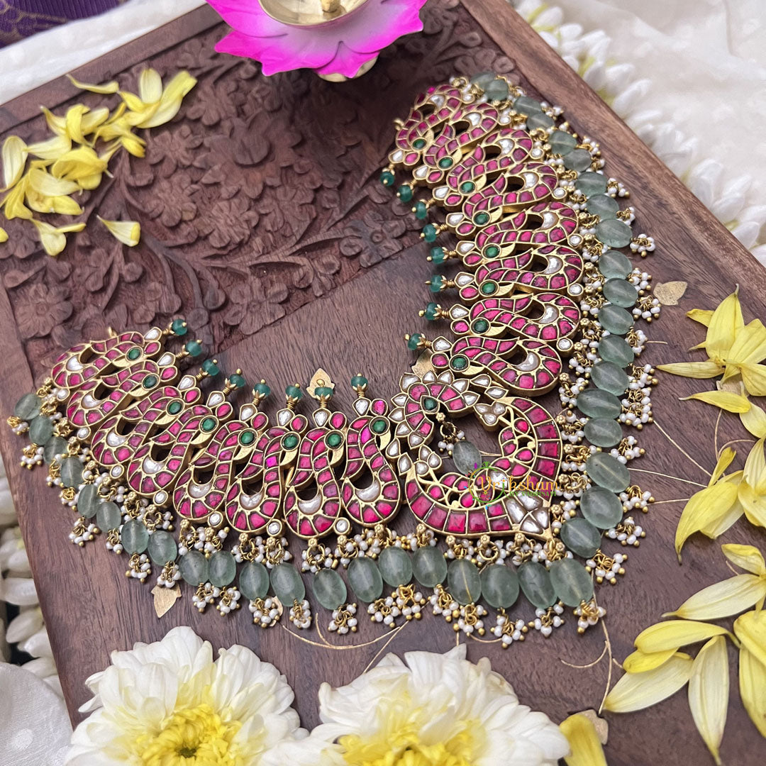 Vriksham Exclusive Kundan Jadau Short Neckpiece-Pastel Green Beads-J3702