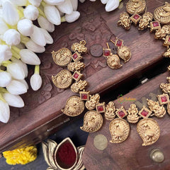 Vriksham Classic Manga & Lakshmi Style With Green Thread Short Neckpiece-Red-G21534