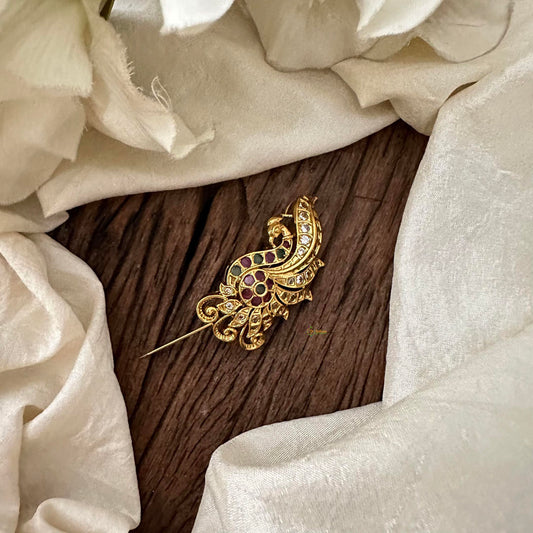 AD Stone Gold Saree Pin - Dotted Peacock Brooch-G12785