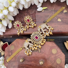 Vriksham Designer Elephant Style CZ Stone Short Neckpiece-Red-G21532