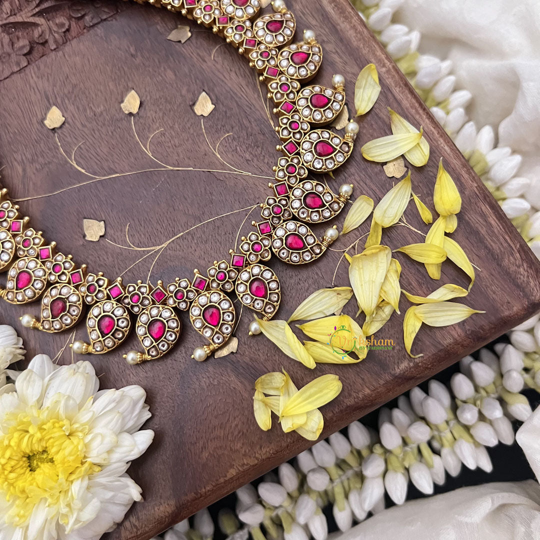 Vriksham Elegant Kundan Jadau Maanga Style Short Neckpiece-Red White-J3700