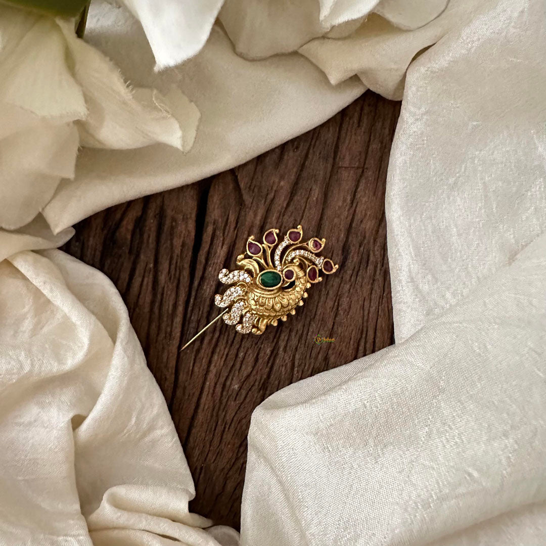 CZ Stone Gold Saree Pin-Peacock Brooch-G12791