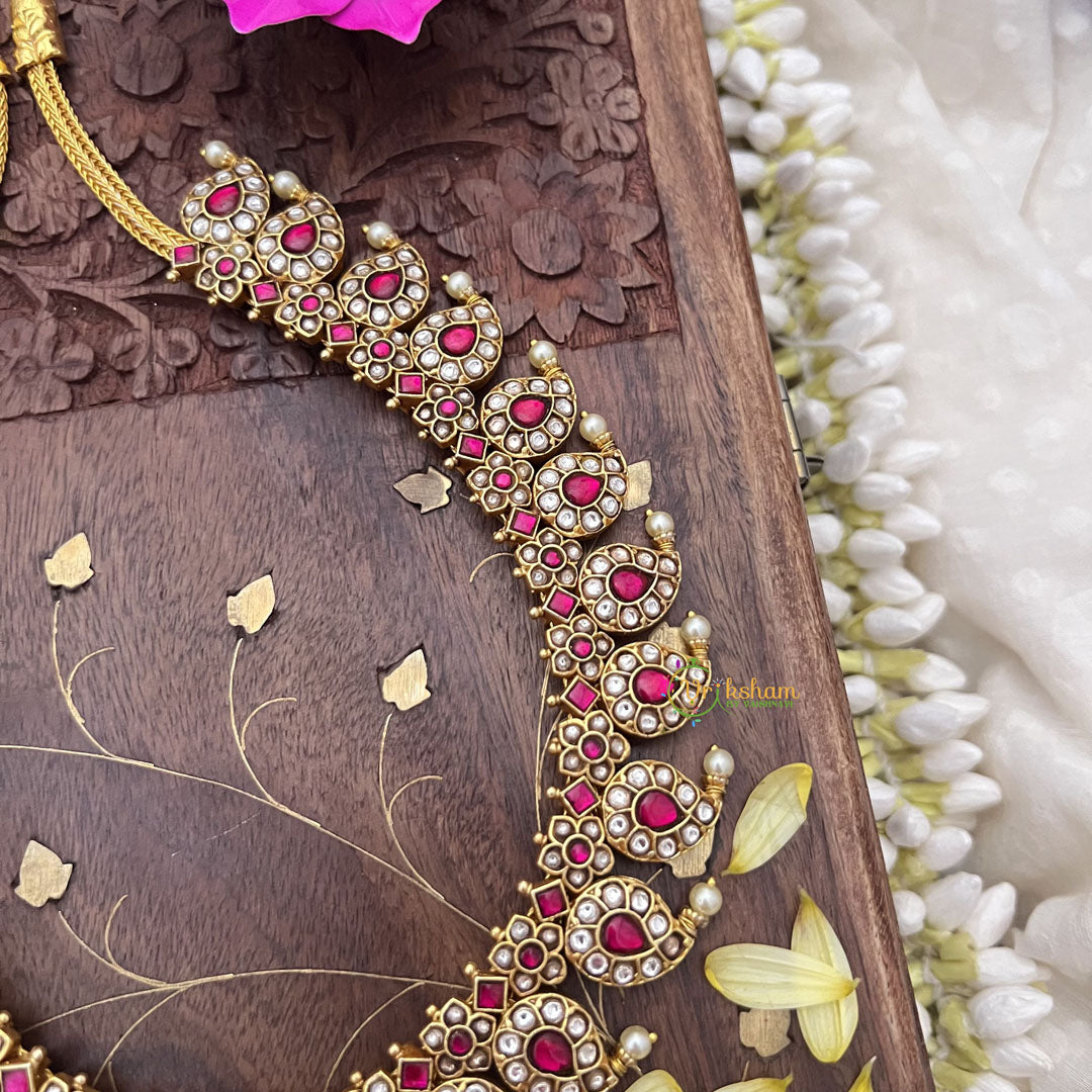 Vriksham Elegant Kundan Jadau Maanga Style Short Neckpiece-Red White-J3700