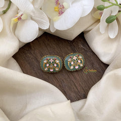 Vriksham Floral & Dual Parrot Natural Jadau Stone Studs-Sea Green-G16109