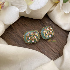 Vriksham Floral & Dual Parrot Natural Jadau Stone Studs-Sea Green-G16109