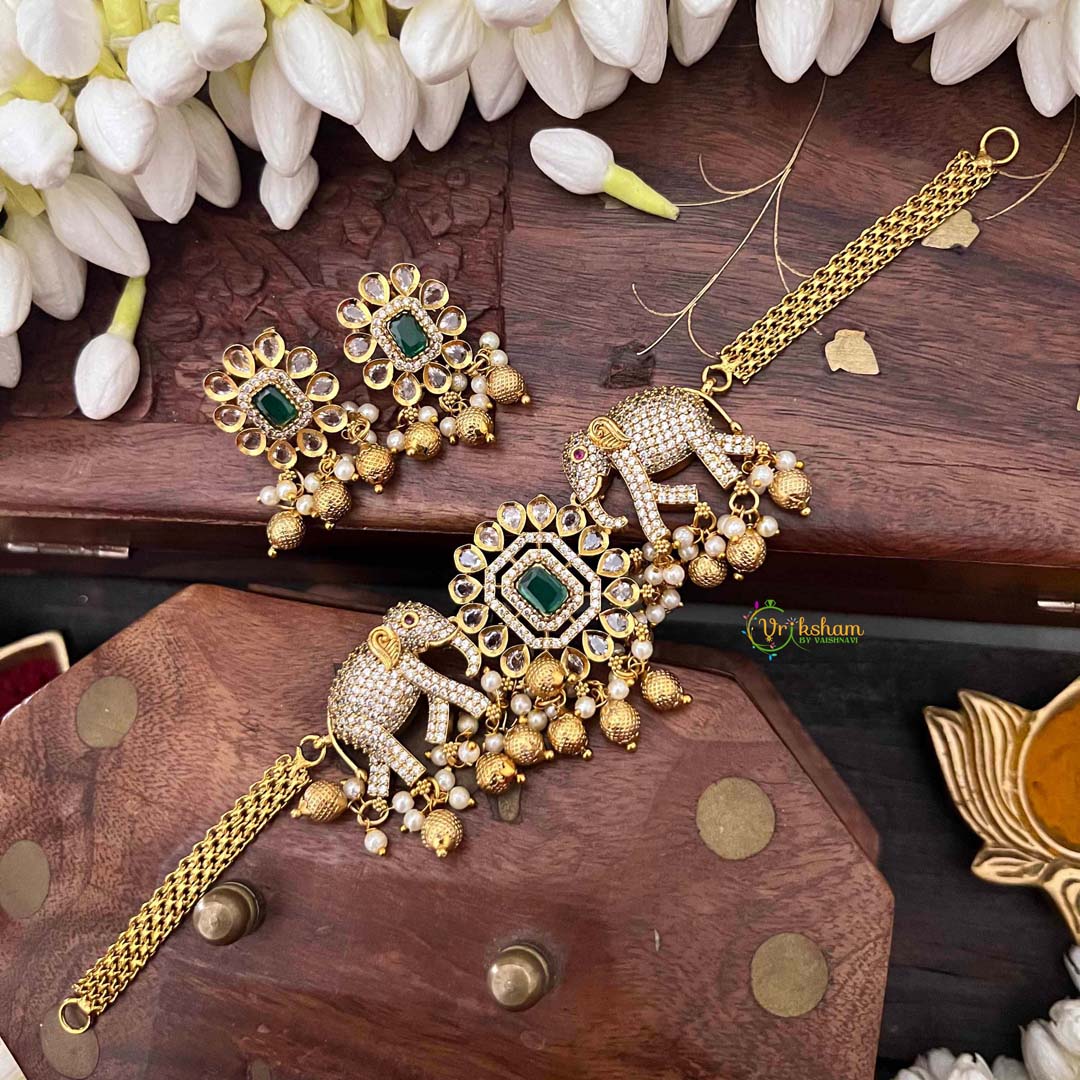 Vriksham Designer Elephant Style CZ Stone Short Neckpiece-Green-G21533