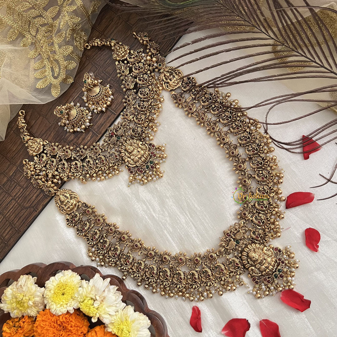 Vriksham Lakshmi Mayura Antique & Lotus Floral Temple Bridal Set-Green Red-Pearl-G19181