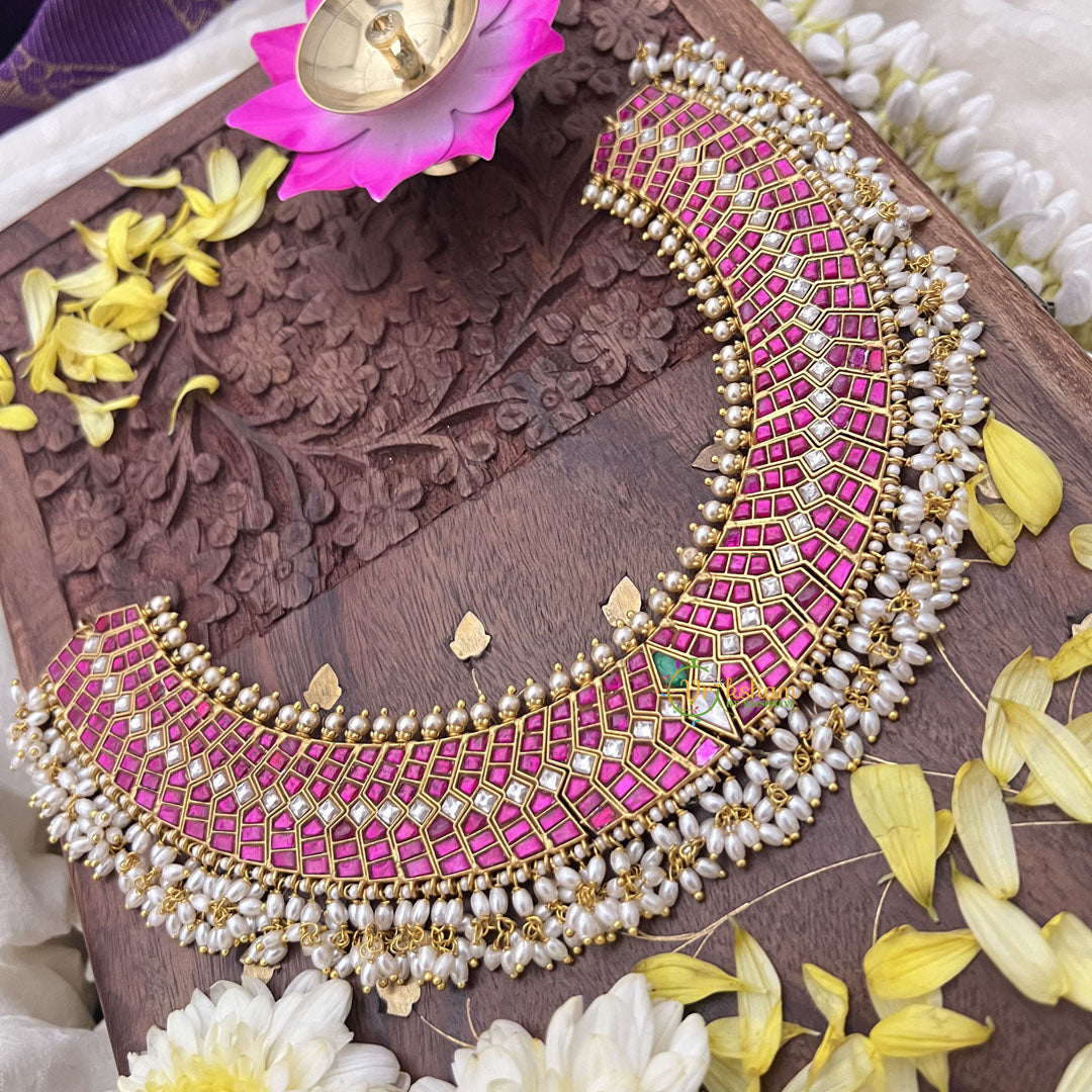Vriksham Authentic Jadau Kundan Guttapusalu Short Neckpiece-Rice Pearls-J3703