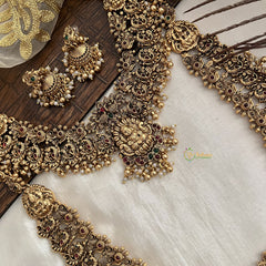 Vriksham Lakshmi Mayura Antique & Lotus Floral Temple Bridal Set-Green Red-Pearl-G19181