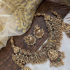 Vriksham Lakshmi Mayura Antique & Lotus Floral Temple Bridal Set-Green Red-Pearl-G19181