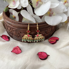 Vriksham Gold Look Alike Hook Jhumka-Red-Pastel Green Bead-G18293