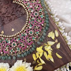 Vriksham Kundan Jadau Peacock Short Neckpiece-Pastel Green Beads-J3701
