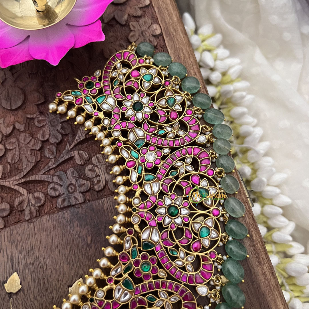 Vriksham Kundan Jadau Peacock Short Neckpiece-Pastel Green Beads-J3701
