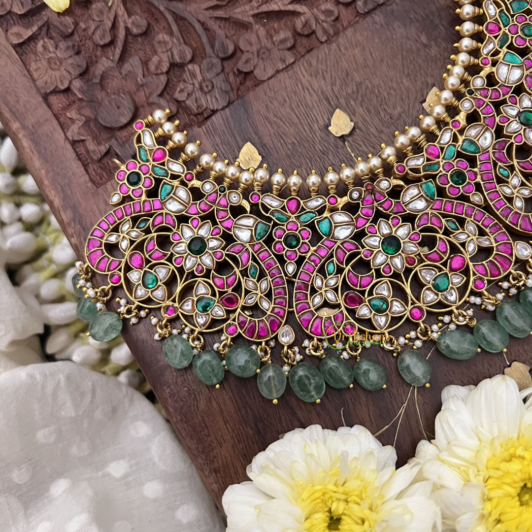 Vriksham Kundan Jadau Peacock Short Neckpiece-Pastel Green Beads-J3701