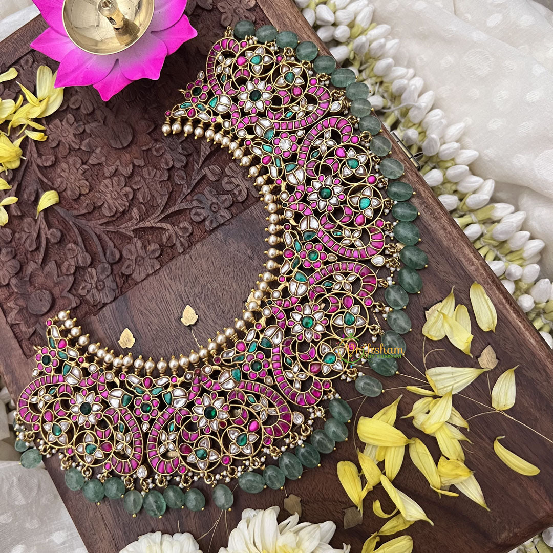 Vriksham Kundan Jadau Peacock Short Neckpiece-Pastel Green Beads-J3701