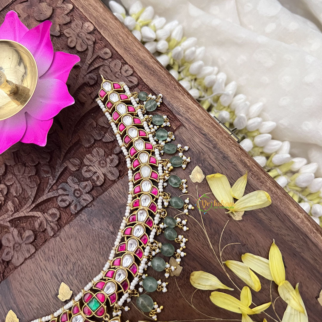 Vriksham Half Moon Style Pendant Jadau Kundan Short Neckpiece-Pastel Green Beads-J3704