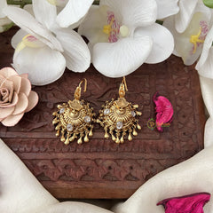 Vriksham Gold Look Alike Hook Jhumka-White-Gold Bead-G18289