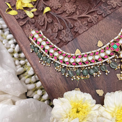 Vriksham Half Moon Style Pendant Jadau Kundan Short Neckpiece-Pastel Green Beads-J3704