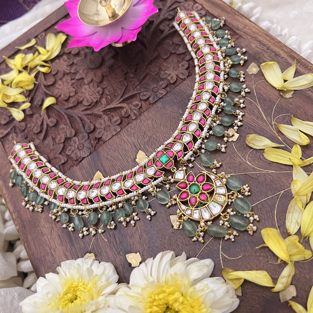 Vriksham Half Moon Style Pendant Jadau Kundan Short Neckpiece-Pastel Green Beads-J3704