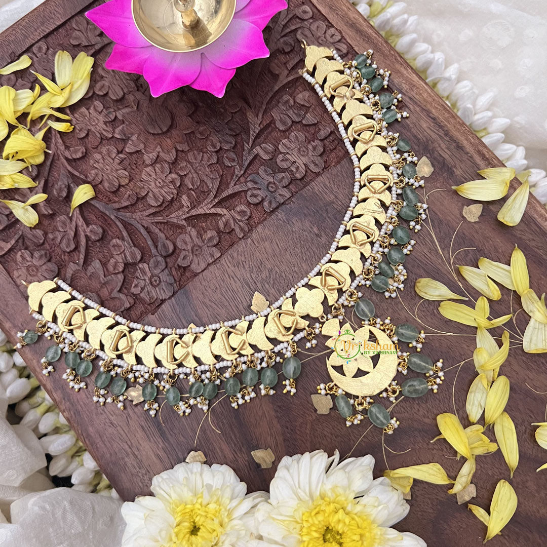 Vriksham Half Moon Style Pendant Jadau Kundan Short Neckpiece-Pastel Green Beads-J3704