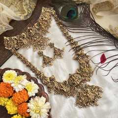 Vriksham South Indian Dangling Gold Beads & Pearl Bridal Set-Green Red-G19179