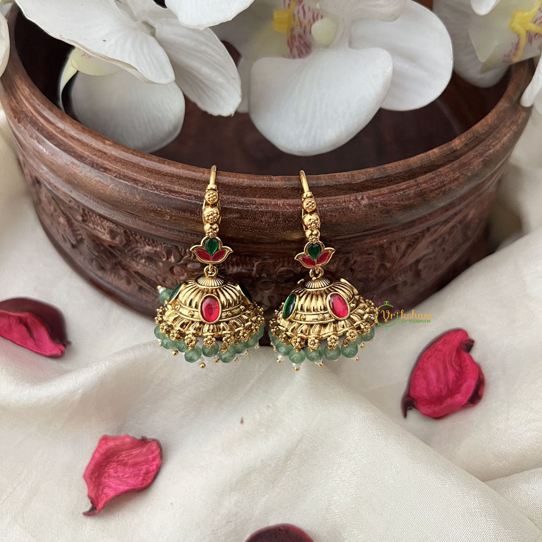 Vriksham Gold Look Alike Hook Jhumka-Red Green-Pastel Green Bead-G18292
