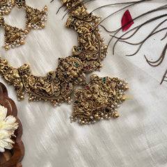 Vriksham South Indian Dangling Gold Beads & Pearl Bridal Set-Green Red-G19179