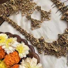 Vriksham South Indian Dangling Gold Beads & Pearl Bridal Set-Green Red-G19179