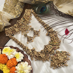 Vriksham South Indian Dangling Gold Beads & Pearl Bridal Set-Green Red-G19179